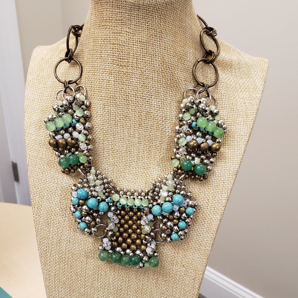 Pam Miran  green turquoise glass cats eye opalite beaded bib statemen necklace